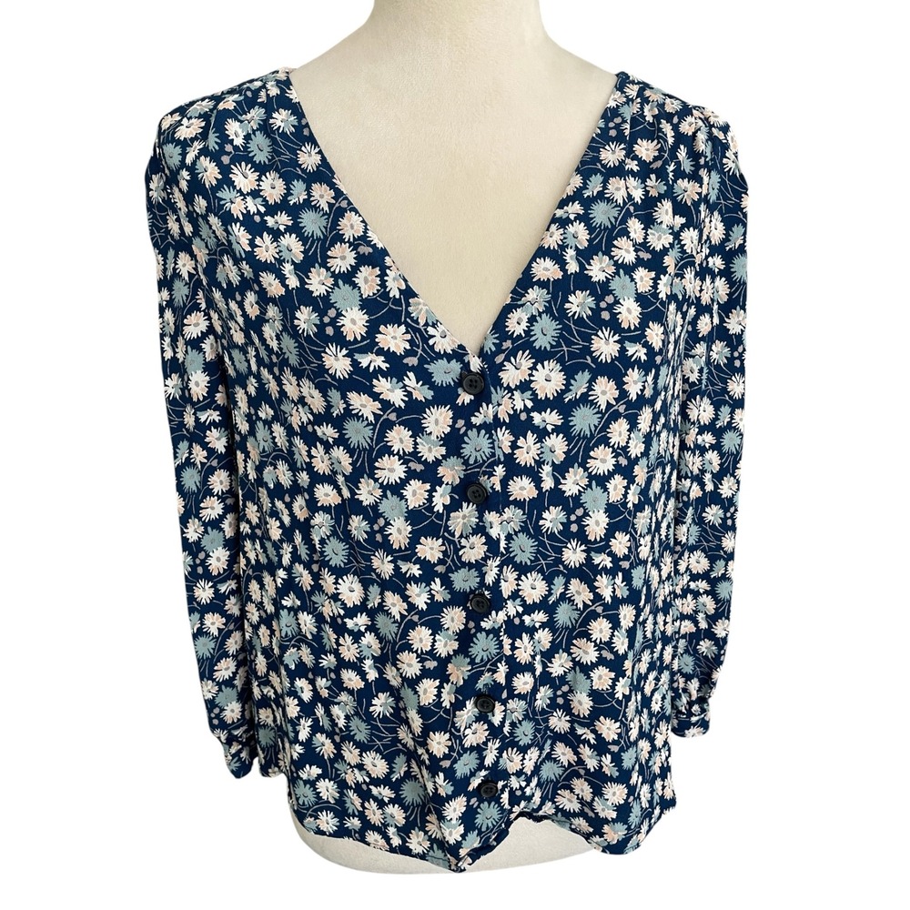 Madewell Floral Top L Navy V-Neck Button Cottagecore Resort Wear Coastal Chic